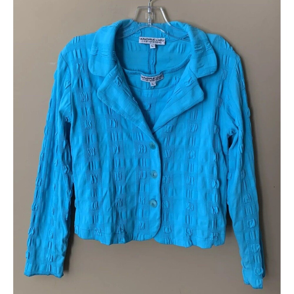 Andria Lieu Collection Jacket / Top Set Size Large 2-Piece Turquoise Textured B4